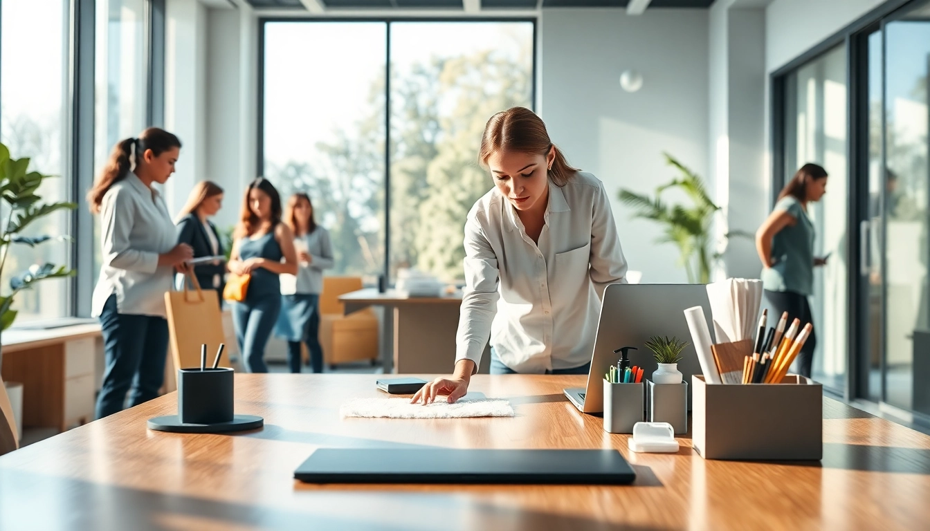 Cleaners performing office cleaning in a modern workspace, ensuring a tidy and organized environment.