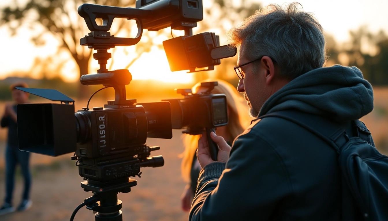Capture the essence of 영상제작 with a dynamic film crew in action outdoors.