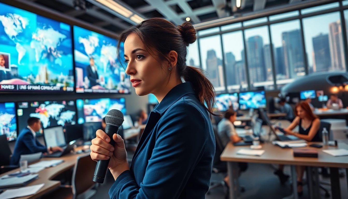 Journalist covering world news passionately in a bustling newsroom setting.