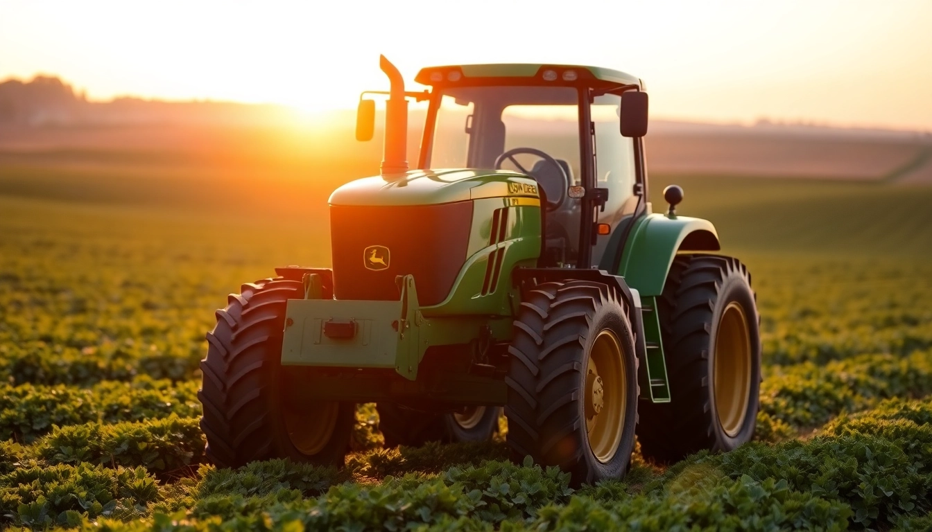 John Deere Traktor in voller Aktion auf einem Feld mit glänzenden Details.