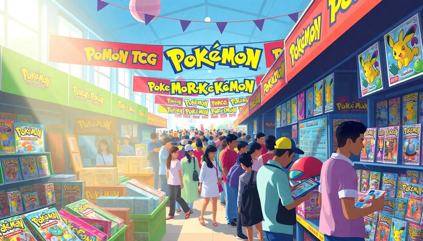 Shop vibrant Pokemon TCG in India at an animated marketplace filled with colorful stalls.