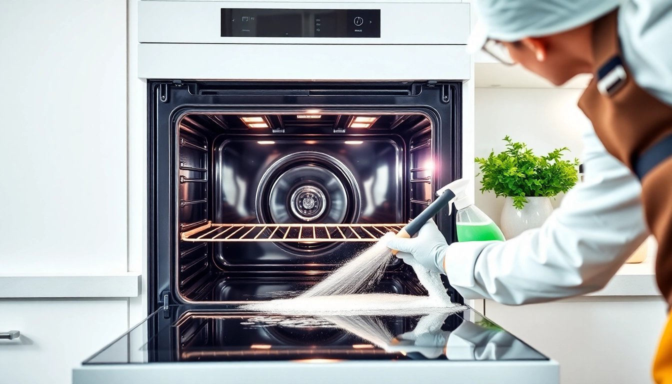 Oven cleaning dubai service showcasing a technician cleaning a sparkling oven in a bright kitchen.