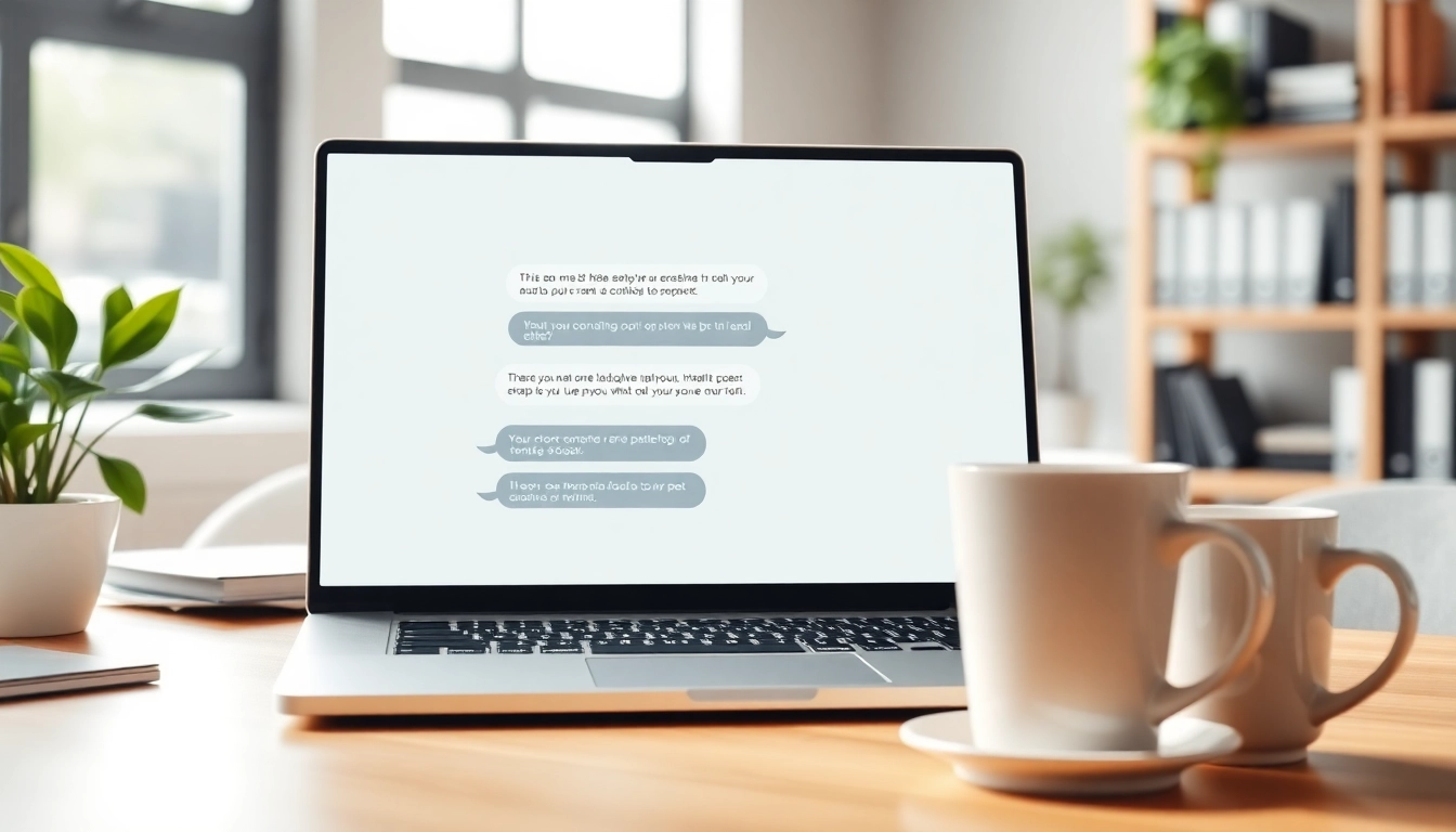 Engaging website chatbot displayed on a laptop screen in a bright office setting.