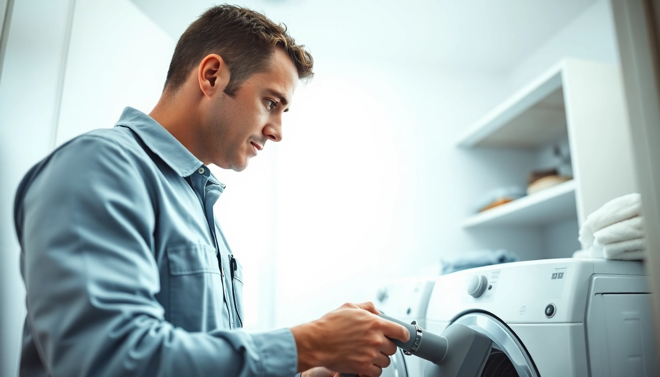Technician professionally cleaning dryer vent franchises near me in a bright laundry room