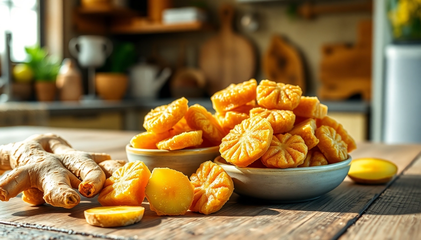 Enjoying Ginger Chews with fresh ginger root and a cozy kitchen atmosphere.