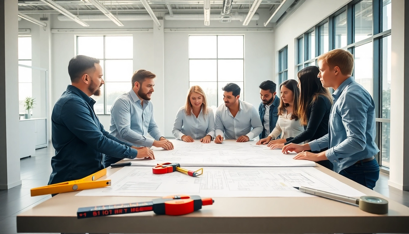 Electrical Contractor analyzing blueprints in a bright, modern office environment.