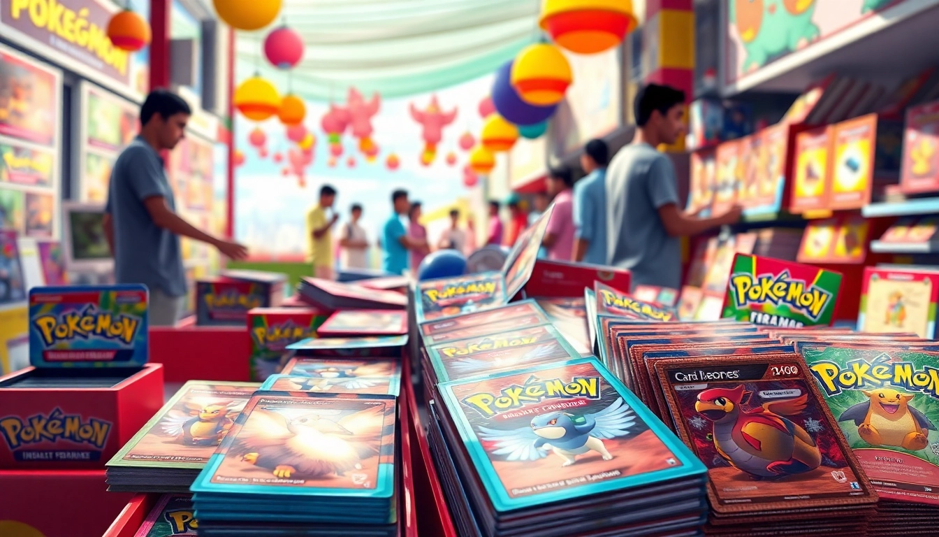 Buy Pokémon TCG India cards at a lively marketplace with various collectible packs and excited traders.