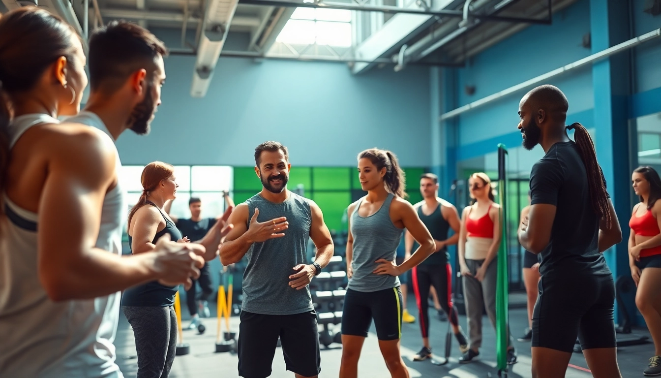 Find a personal trainer engaging with clients in a vibrant gym environment.