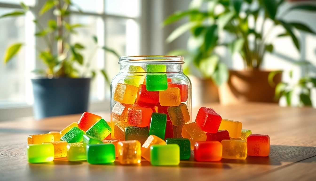 Indulge in delicious CBD Gummies arranged in an elegant jar, featuring vibrant colors and natural textures.