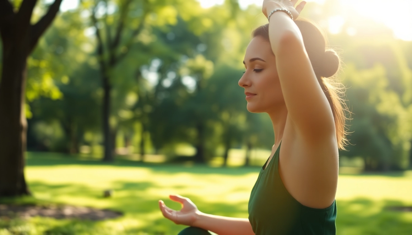 Practicing yoga outdoors while dealing with stress in a serene park environment.