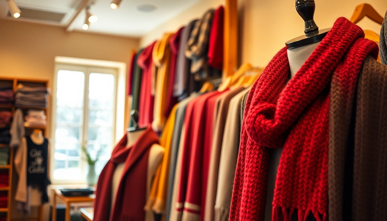 Shop beautiful scarves near me in a chic boutique setting, showcasing warm colors and inviting atmosphere.