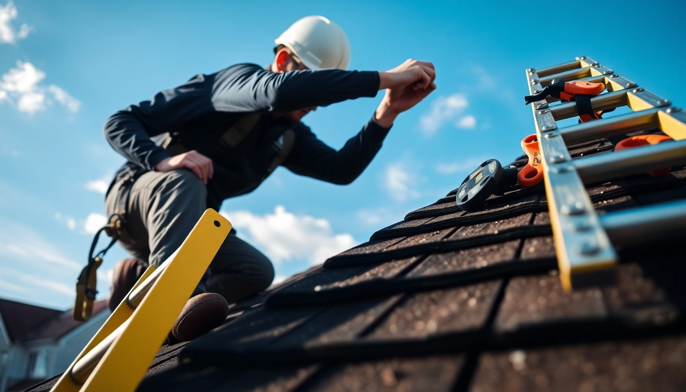 Roofer examining a roof while offering dak laten vervangen Arnhem services, showcasing expertise and safety.