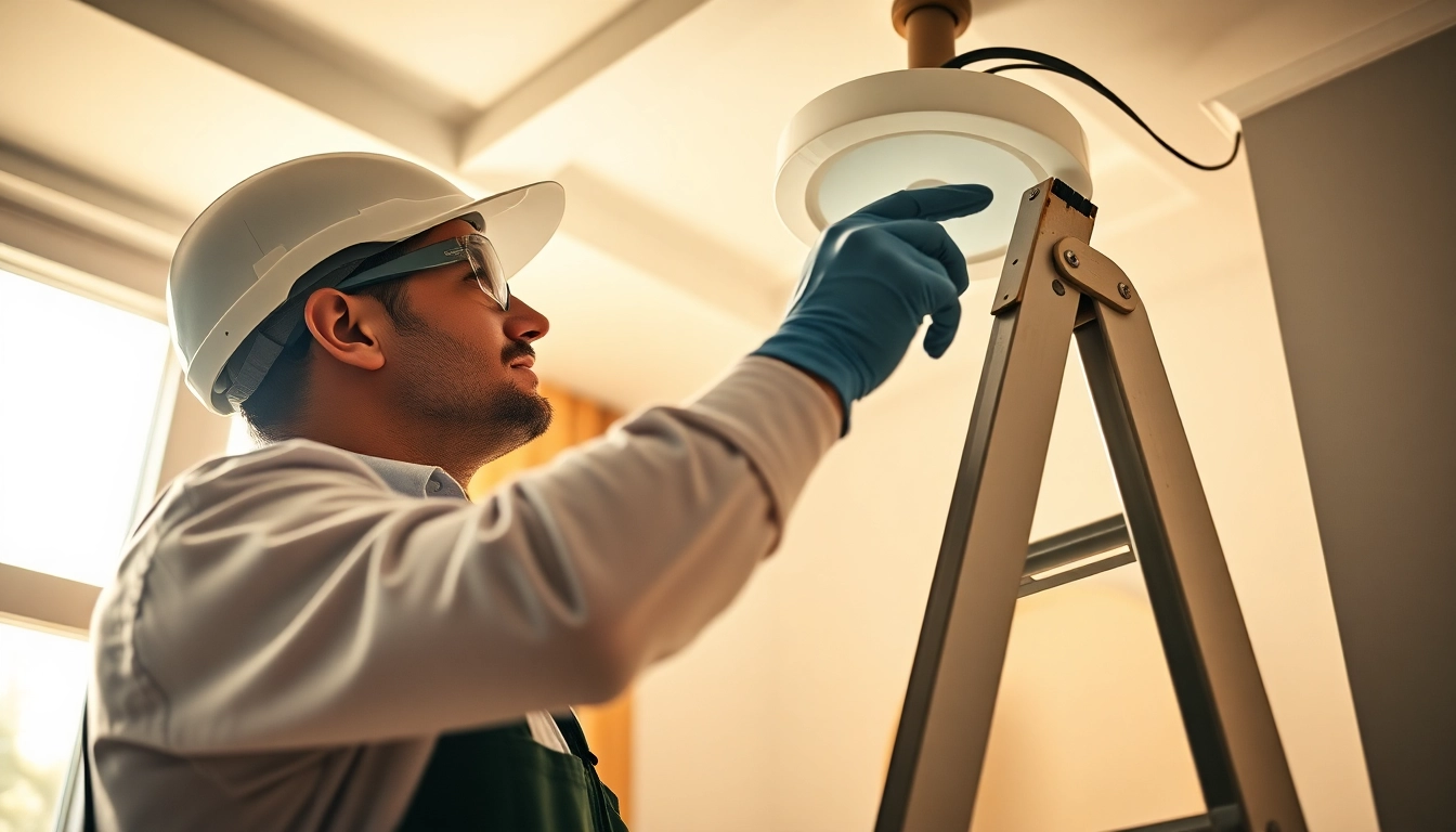 Electrician providing quality Electrical Service during a ceiling lighting installation.