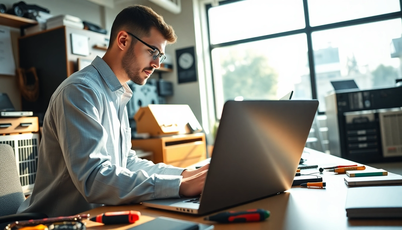 Technician providing expert computer services while repairing a laptop in a bright workspace.