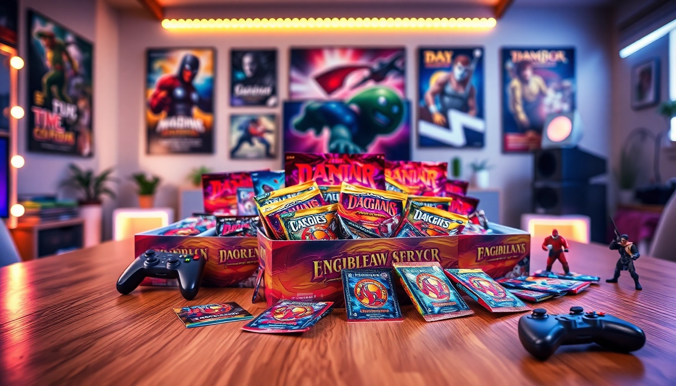 Showcasing booster box collection with vibrant packs and gaming elements in a cozy setting.