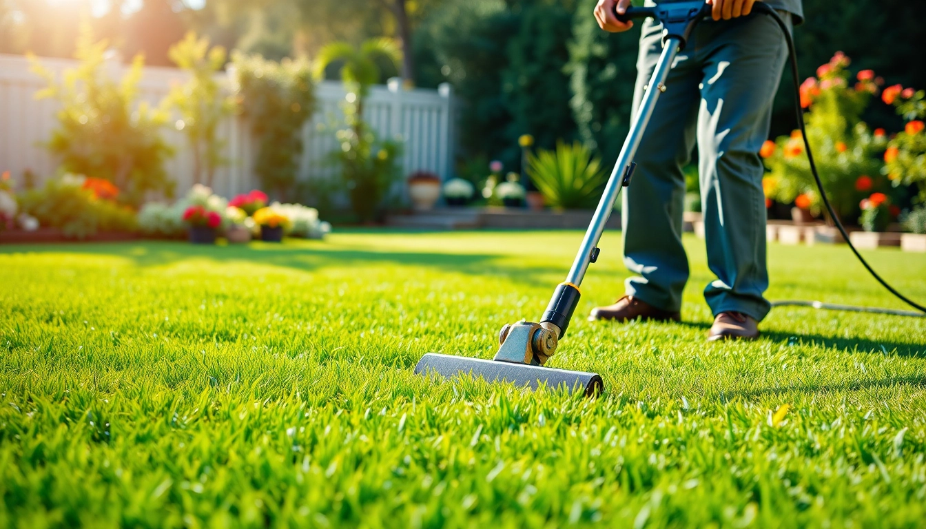 Turf cleaning near me being performed by a professional in a vibrant green backyard.