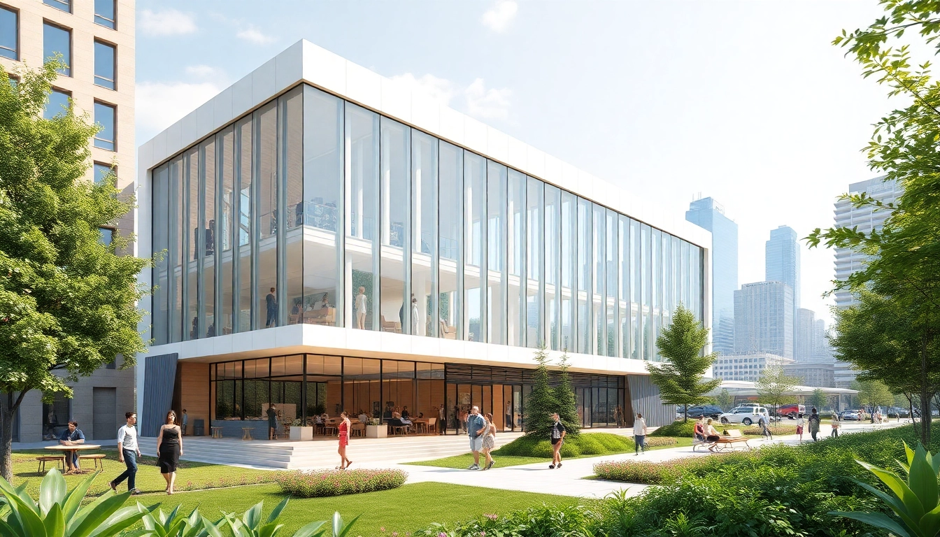 Visualisierung Architektur zeigt moderne Gebäude mit lebendigen Details und natürlicher Beleuchtung.