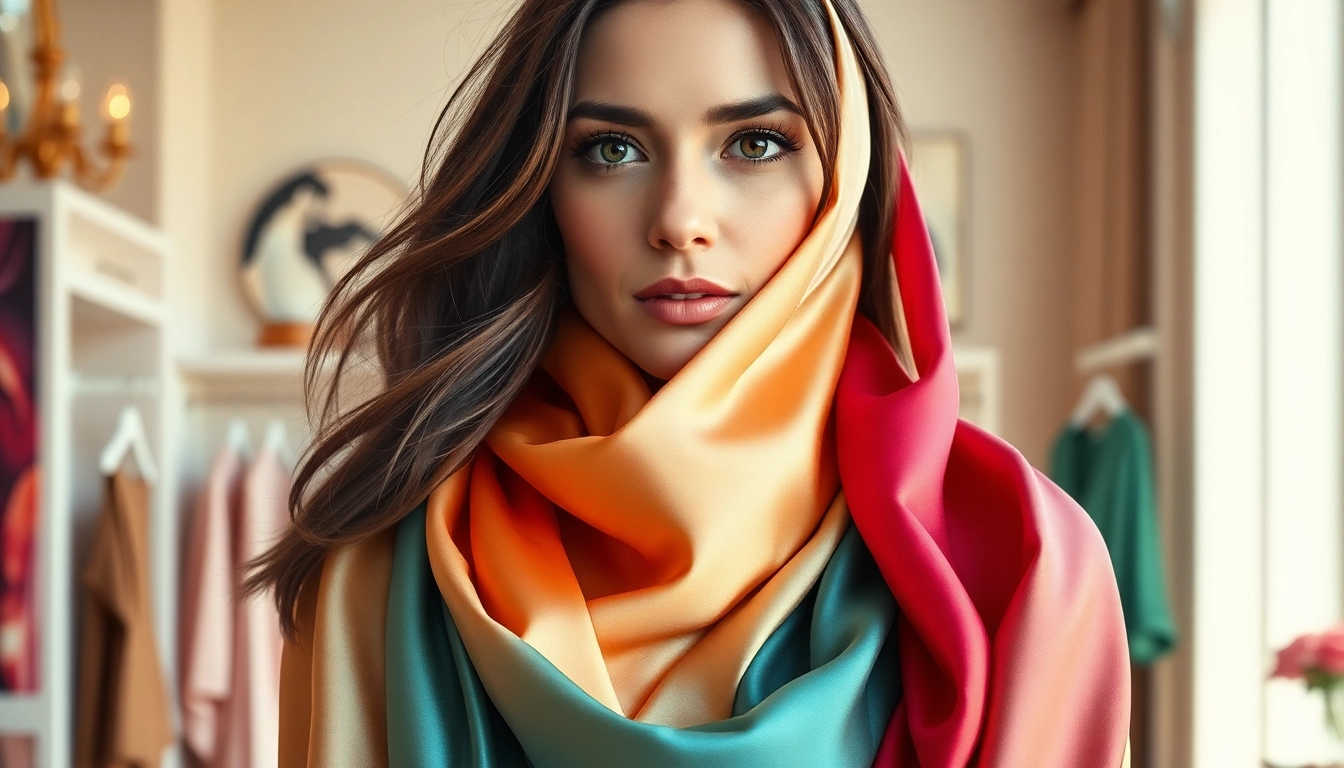 Stylish woman models colorful silk scarves for women in a trendy boutique.
