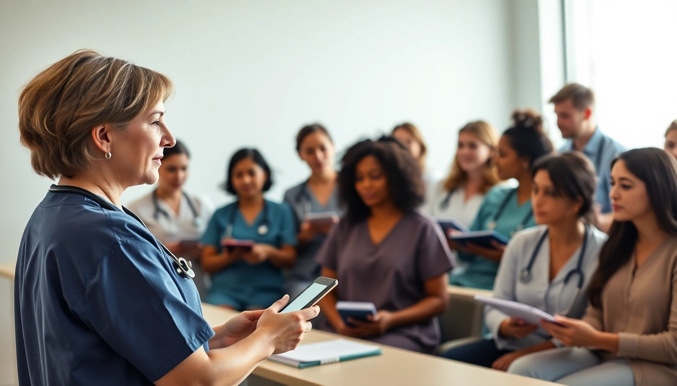 Nursing Continuing Education workshop with diverse nurses engaged in professional development.