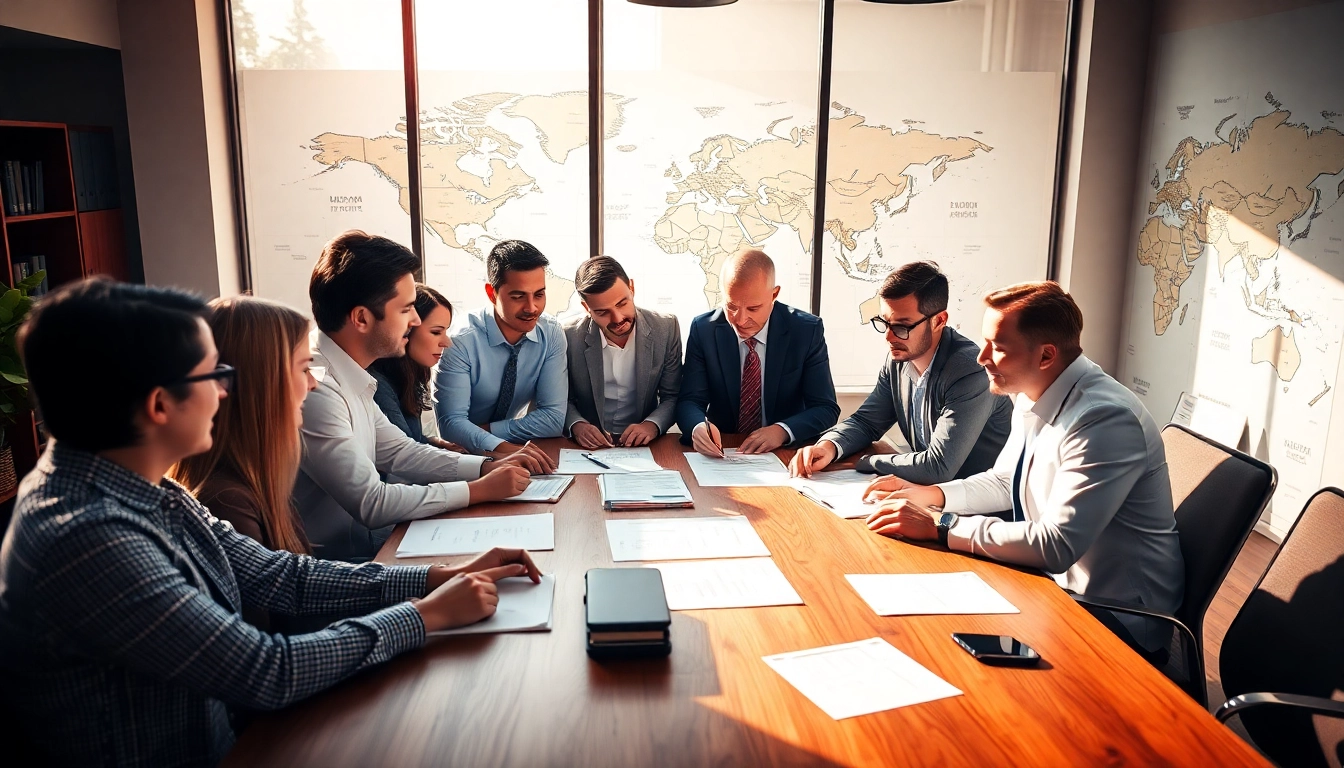 Export agents collaborating in a modern trade office with maps and documents enhancing global trade.