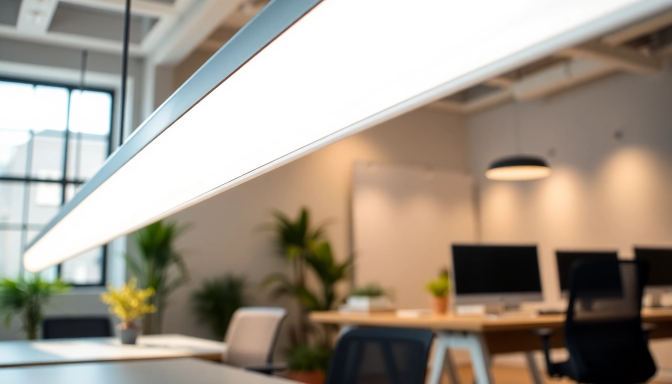 Showcasing LED Batten Fixture illuminating a modern office with sleek design and warm lighting.