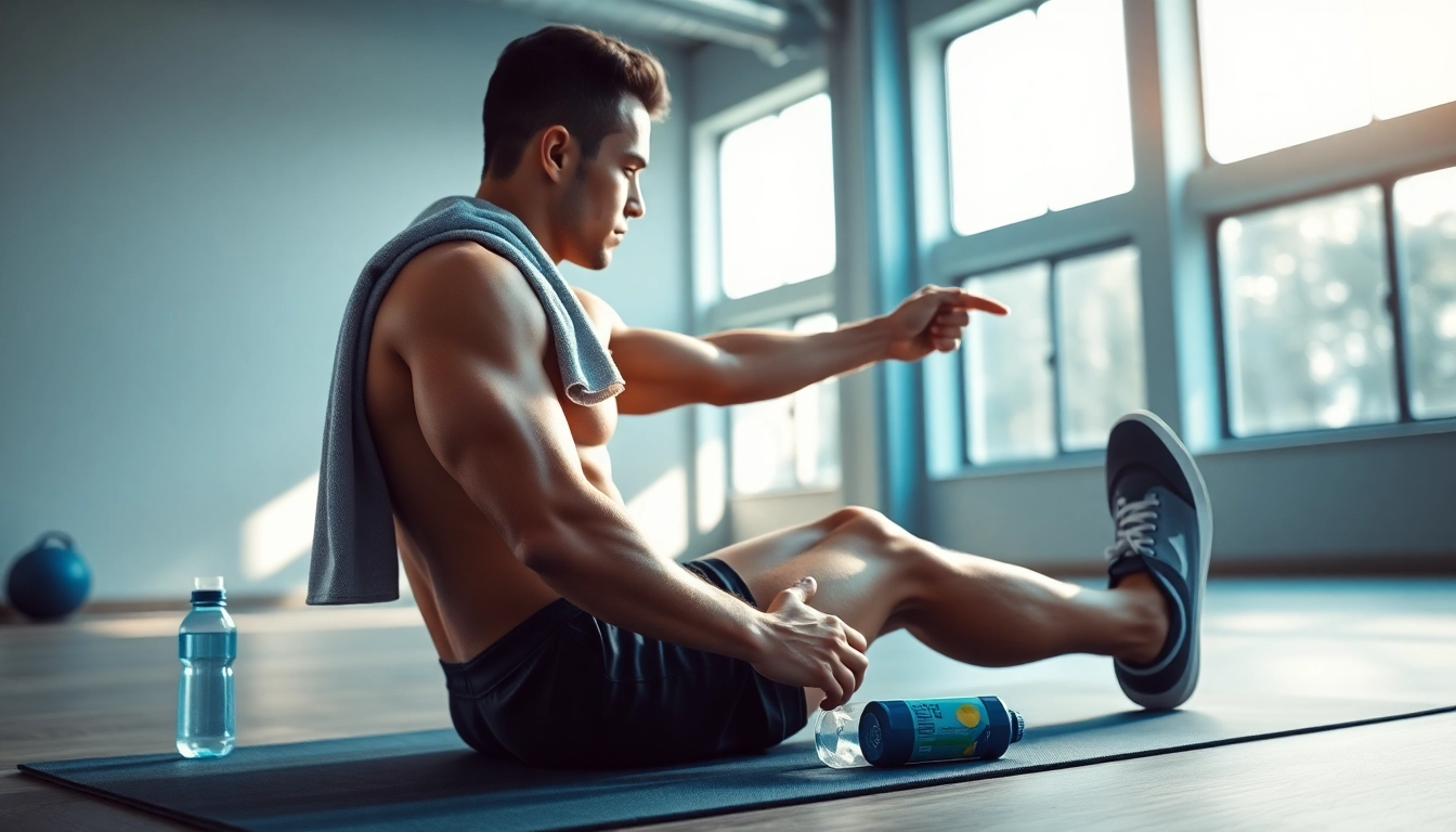 Enhance post-workout recovery with stretching and hydration in a gym setting.