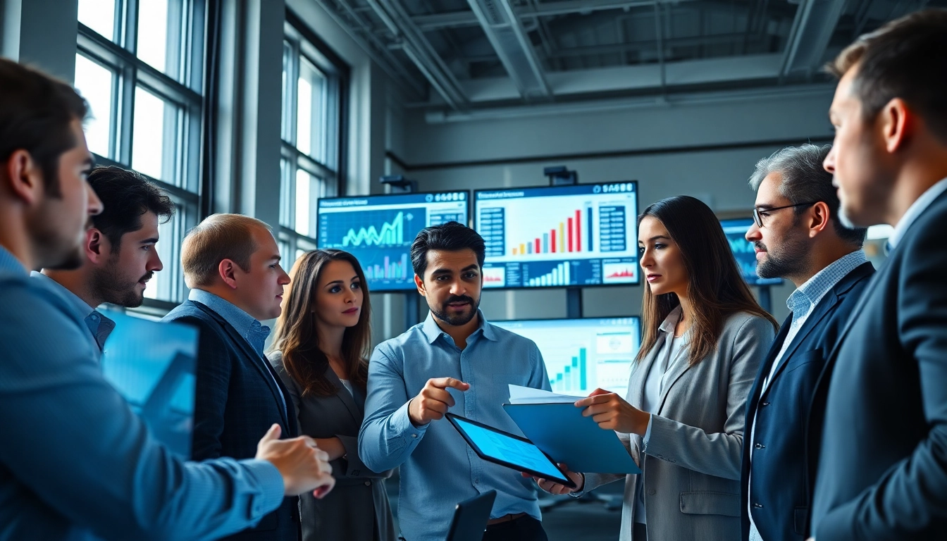 Analyze competitive intelligence data with a focused business team collaborating in a modern office.