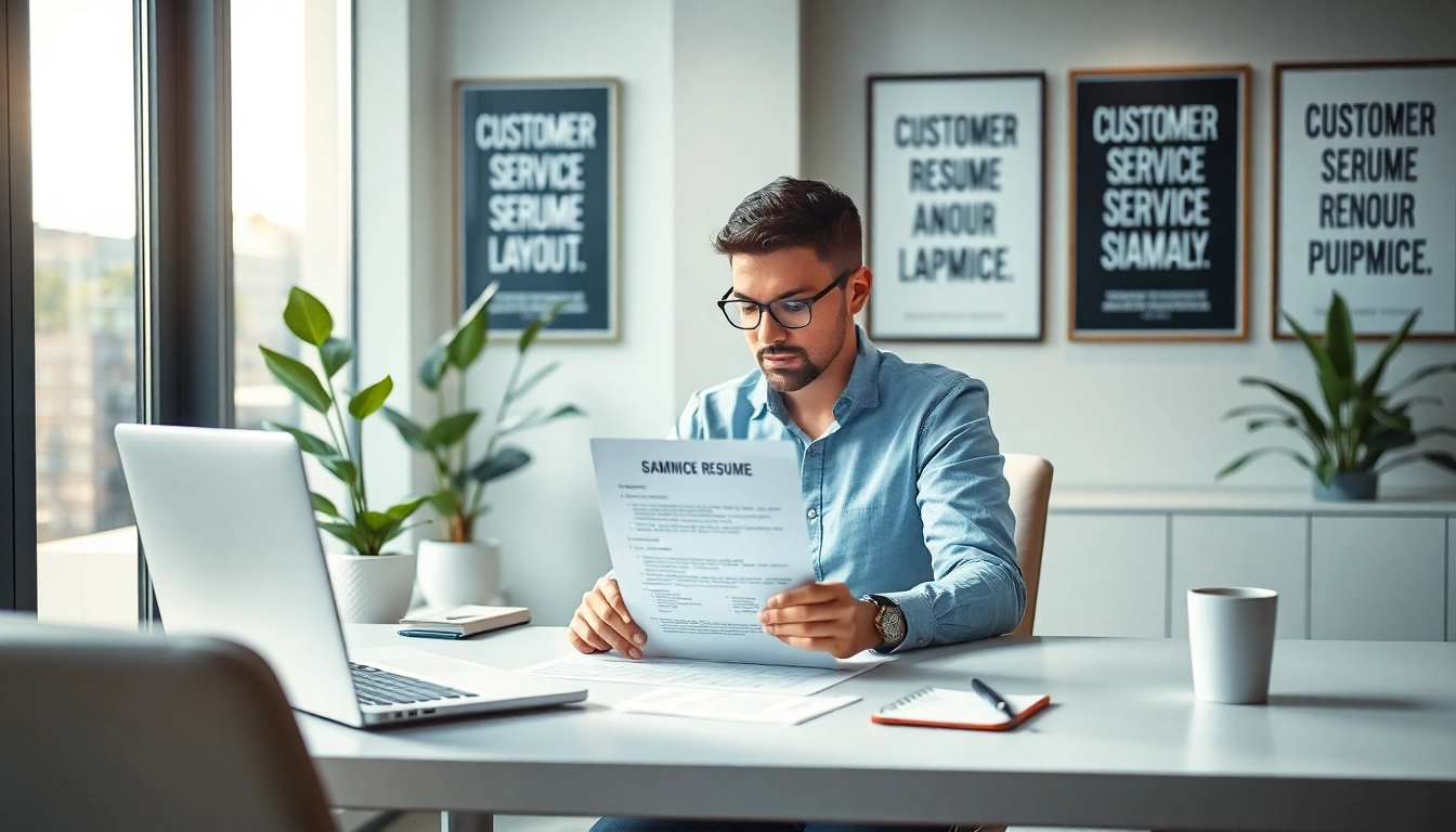 Analyze customer service resume summary examples with a professional at a modern office desk.