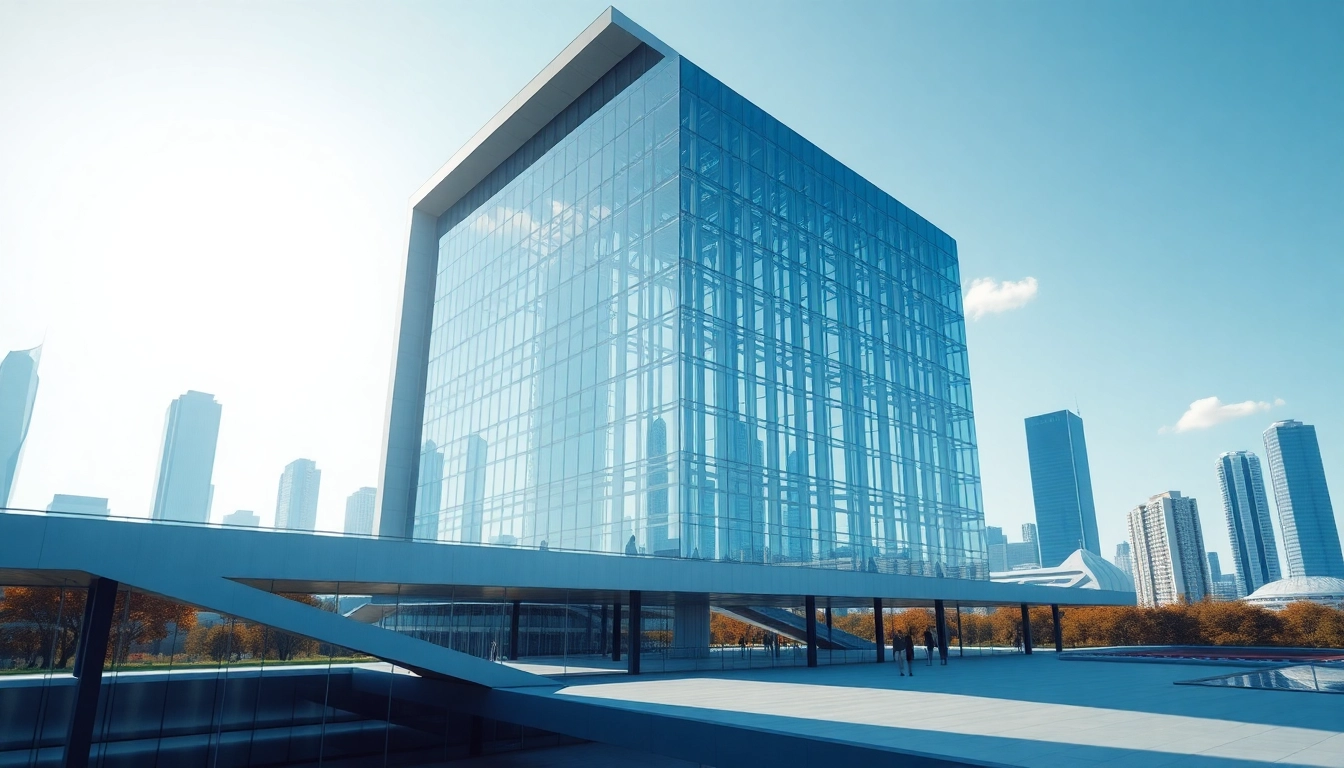 Erleben Sie beeindruckende 3D Visualisierung moderner Architektur mit urbanem Umfeld.