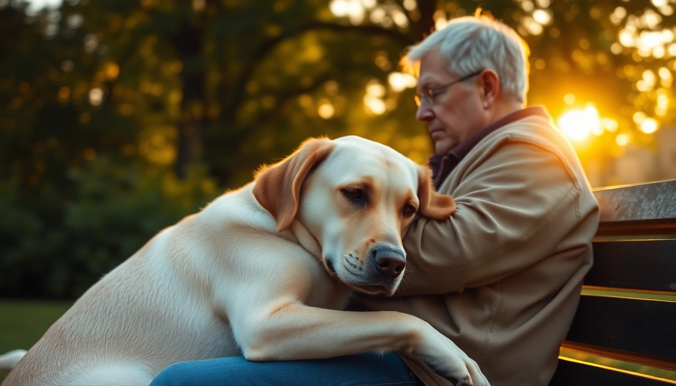 PTSD dog comforting a person in a serene park setting, enhancing emotional well-being.