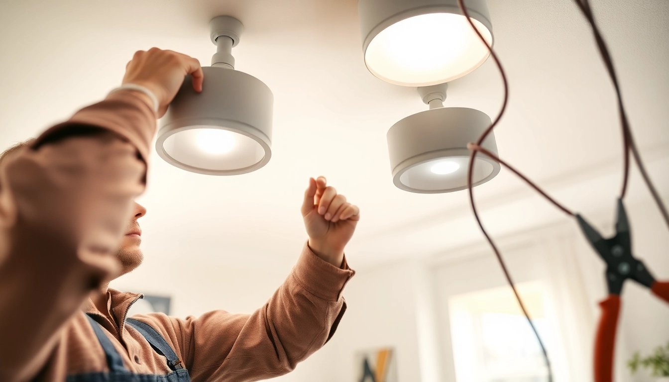 Electrical Contractor expertly installing ceiling lighting fixtures in a modern home.