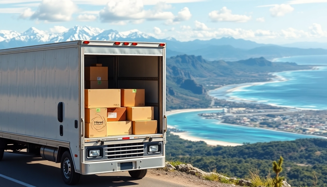 Moving from Alaska to Hawaii with a truck at a scenic overlook transitioning from snow-capped mountains to beaches.