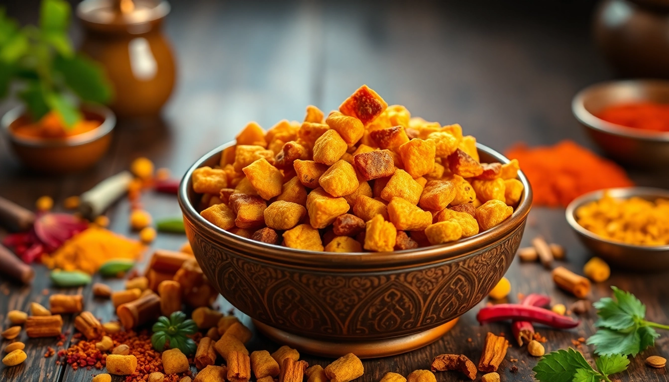 Enjoy bikaneri bhujia served with a vibrant spice backdrop, showcasing its crispy texture and authentic flavor.