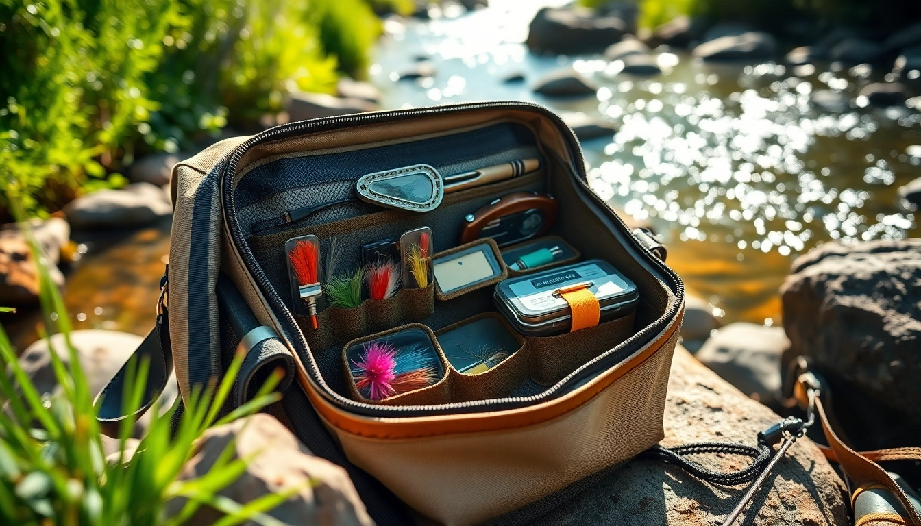 Feature-packed fly fishing bag on a riverbank, showcasing organized compartments and outdoor setting.