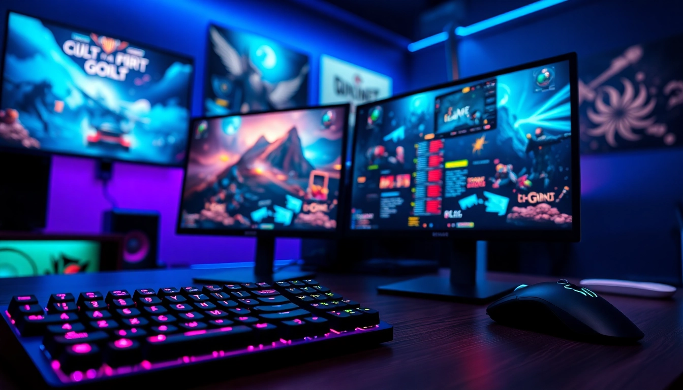 Jelajahi game online dalam setup gaming profesional dengan dua monitor dan keyboard RGB.