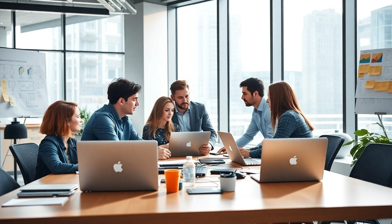 Web development team collaborating with digital tools in a bright office environment.