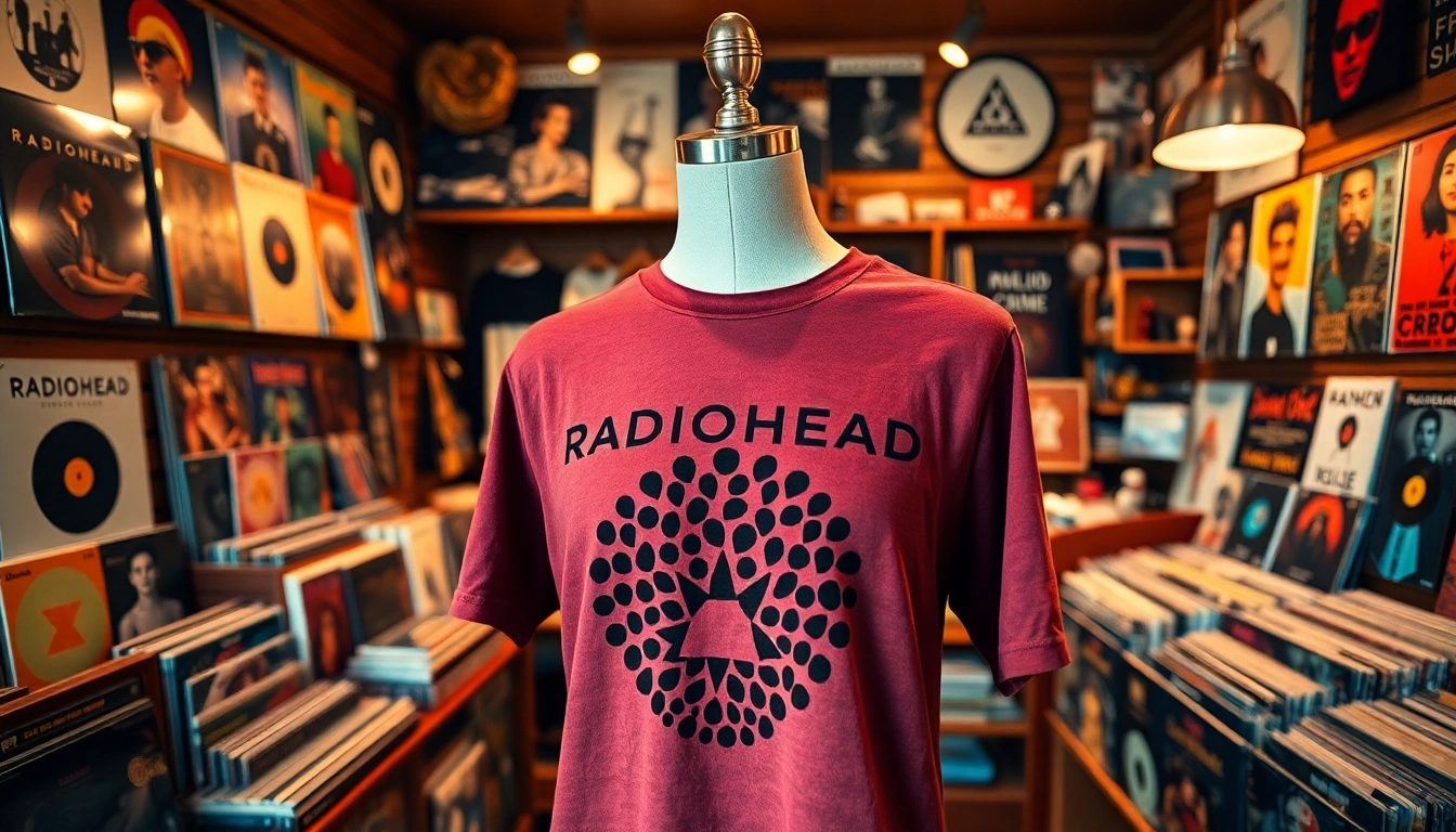 Showcasing vibrant Radiohead merch, featuring t-shirts and vinyl in a music-themed shop.