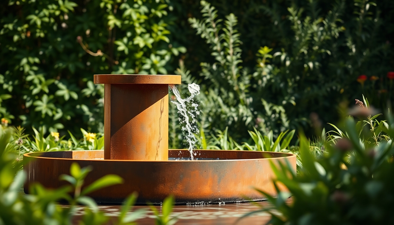 Cortenstahl Brunnen in einem idyllischen Garten mit modernem Design und rustikaler Oberfläche.
