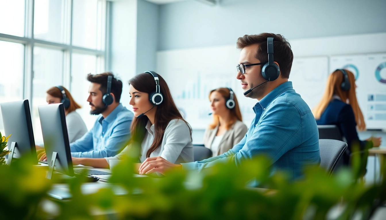 Enhance productivity with a dedicated team focused on Call Center Solutions in a modern office setting.