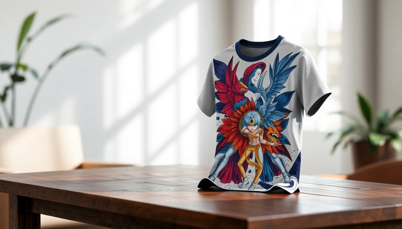 Custom print T-shirt showcasing anime designs, displayed on a rustic table with natural lighting.