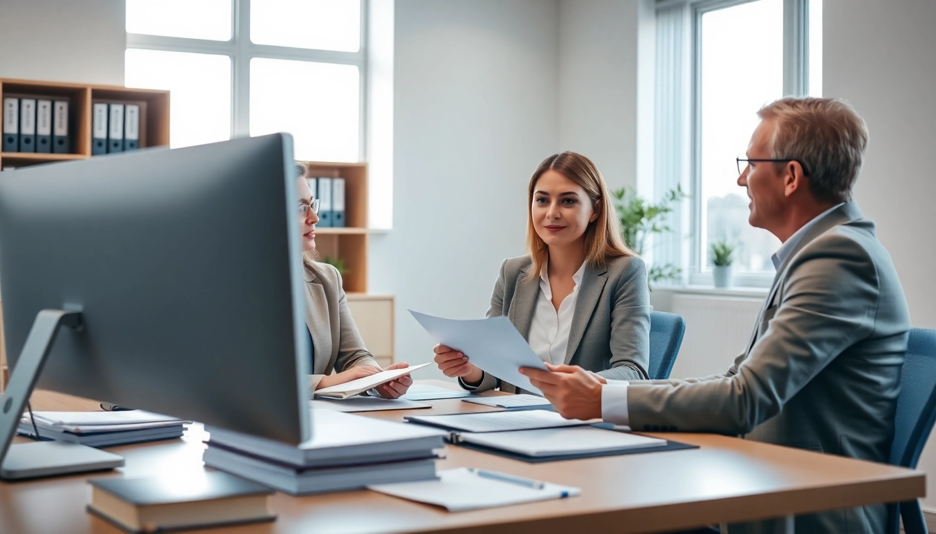 Client consulting QSM document clearing services in a professional office setting.