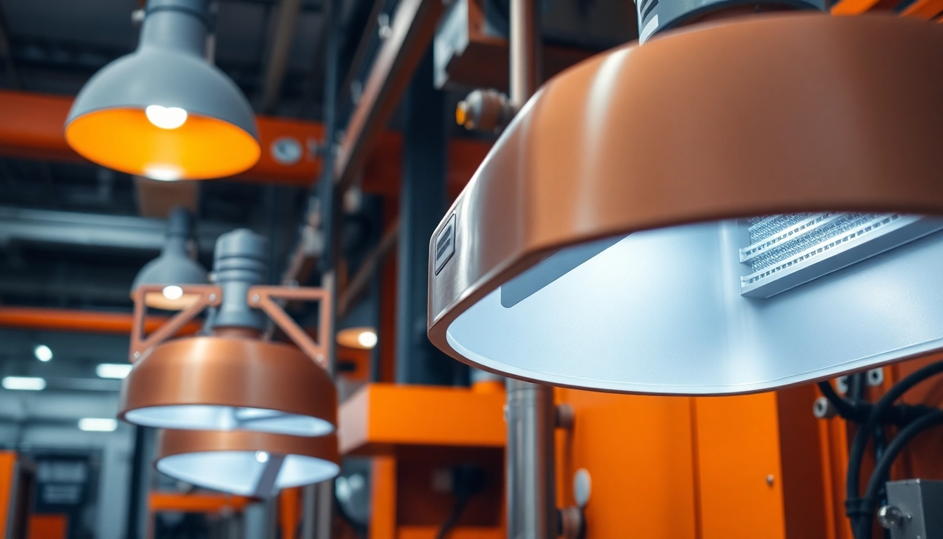 Industrial heat lamps efficiently heating machinery in a modern industrial setting.
