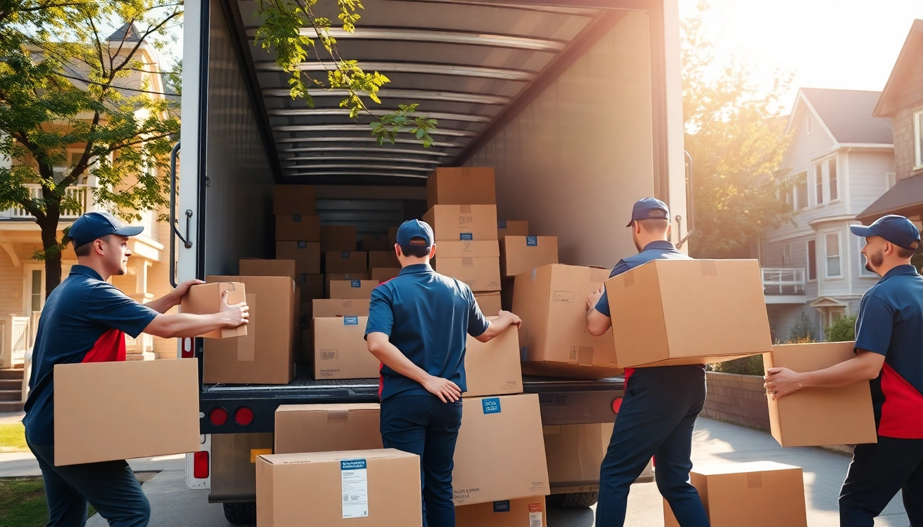 Movers calgary team efficiently loading a truck with boxes in a residential area.