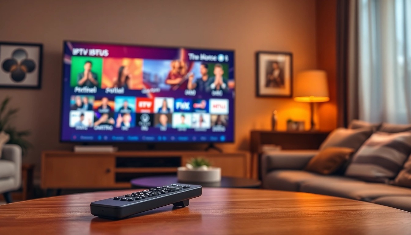 Comprar IPTV en una acogedora sala de estar con un televisor de gran tamaño y control remoto.