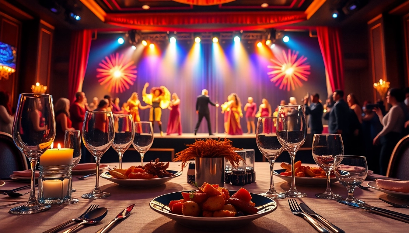 Experience the excitement of dinner theater las vegas with a dining setup and stage performers.
