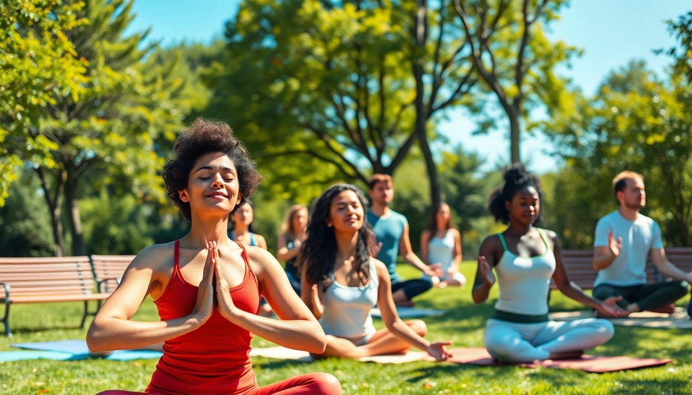 Individuals practicing mindfulness to cope with stress in a serene park environment.