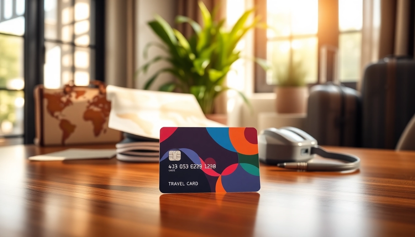 Showcasing which item is a benefit of using the travel card with a sleek design in an inviting office setting.