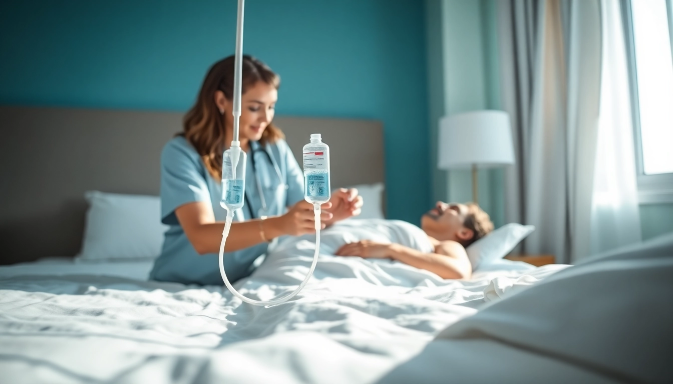 Experience vegas iv treatment as a healthcare provider administers IV hydration in a relaxing hotel setting.